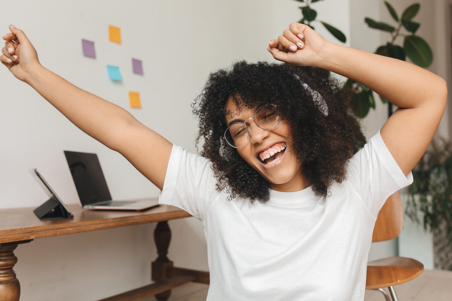 Smiling Woman Listening to Music